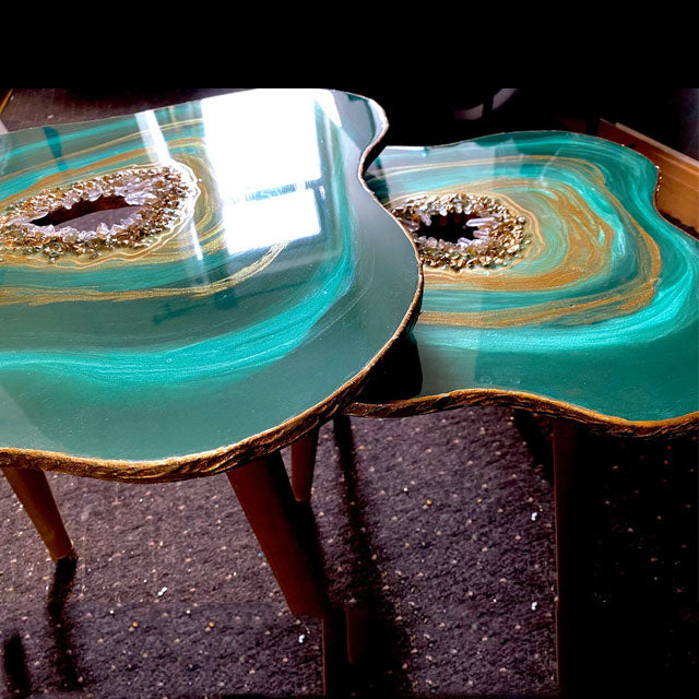 2x Nesting Geode Tables TEAL GOLD Natural Quartz Resin Emerald agate Coffee/side Table with gold metal legs