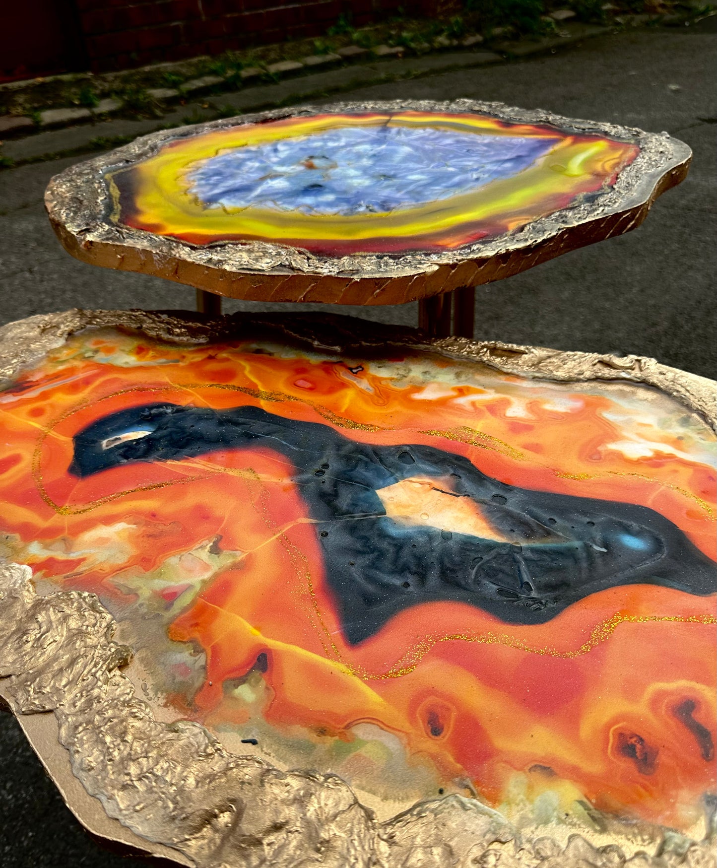 2X Geode tables Large Set of Orange Grey Epoxy Resin Art  Coffee/side Table set with gold metal legs