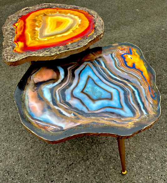 2X Geode tables Large Set of Orange Grey Epoxy Resin Art  Coffee/side Table set with gold metal legs