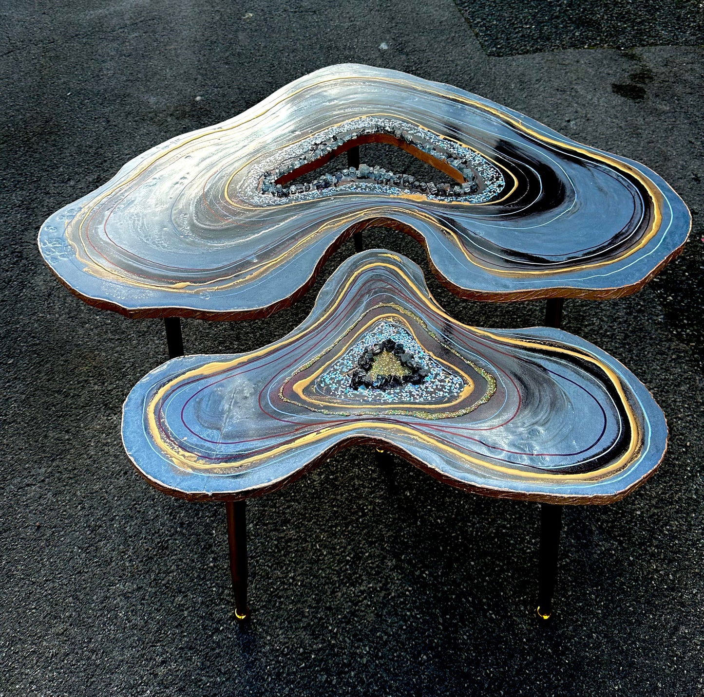 Big Geode Grey Coffee table Silver glitter shiny agate coffee table Nested coffee table set