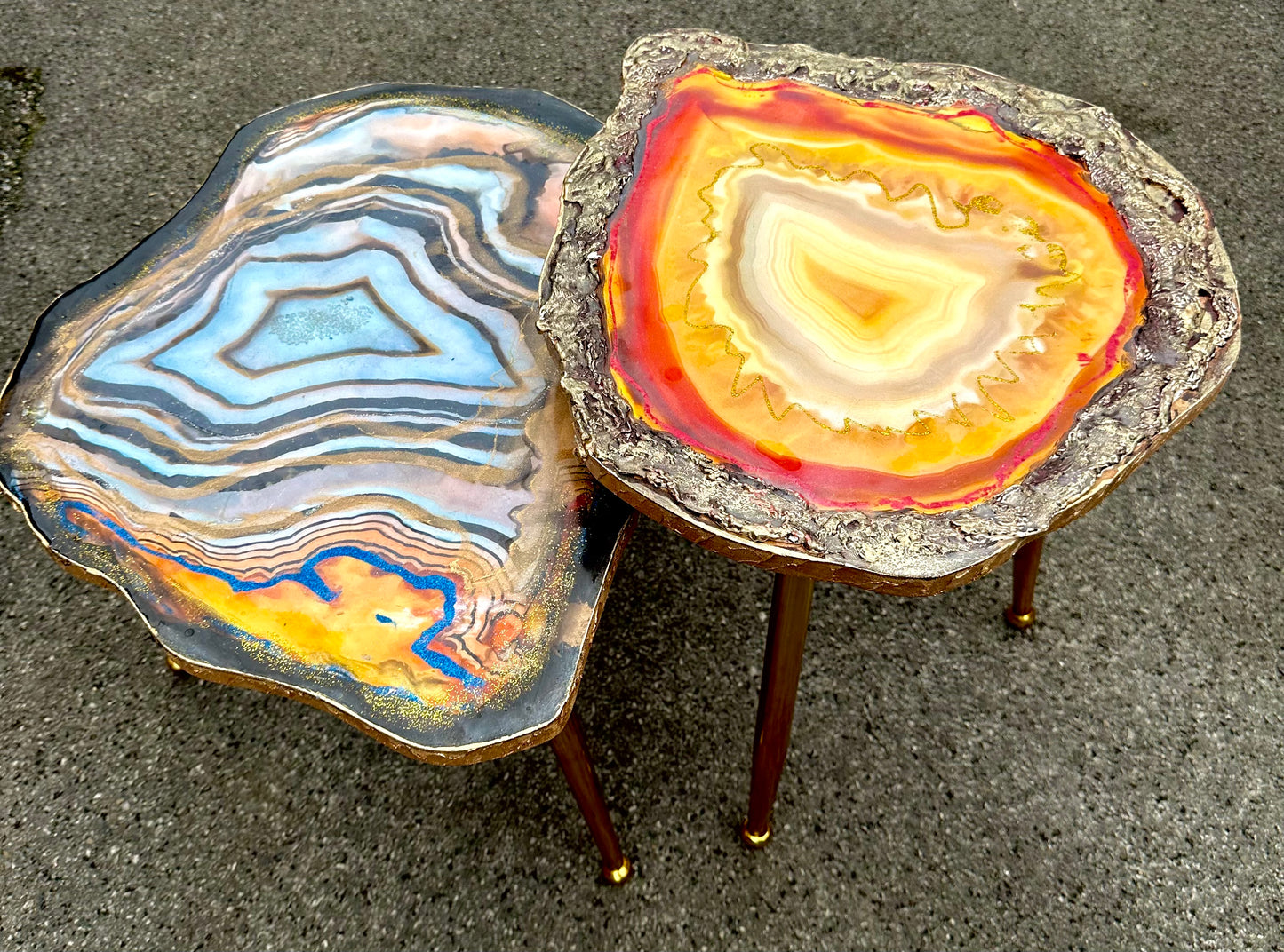 2X Geode tables Large Set of Orange Grey Epoxy Resin Art  Coffee/side Table set with gold metal legs