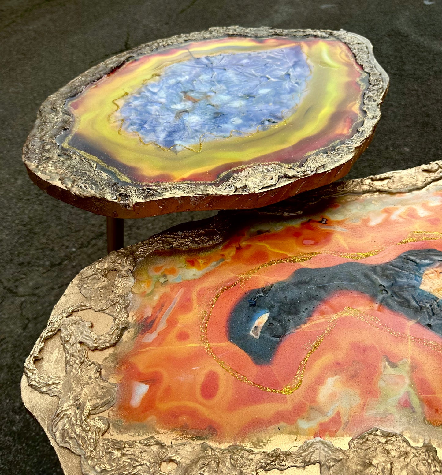 2X Geode tables Large Set of Orange Grey Epoxy Resin Art  Coffee/side Table set with gold metal legs