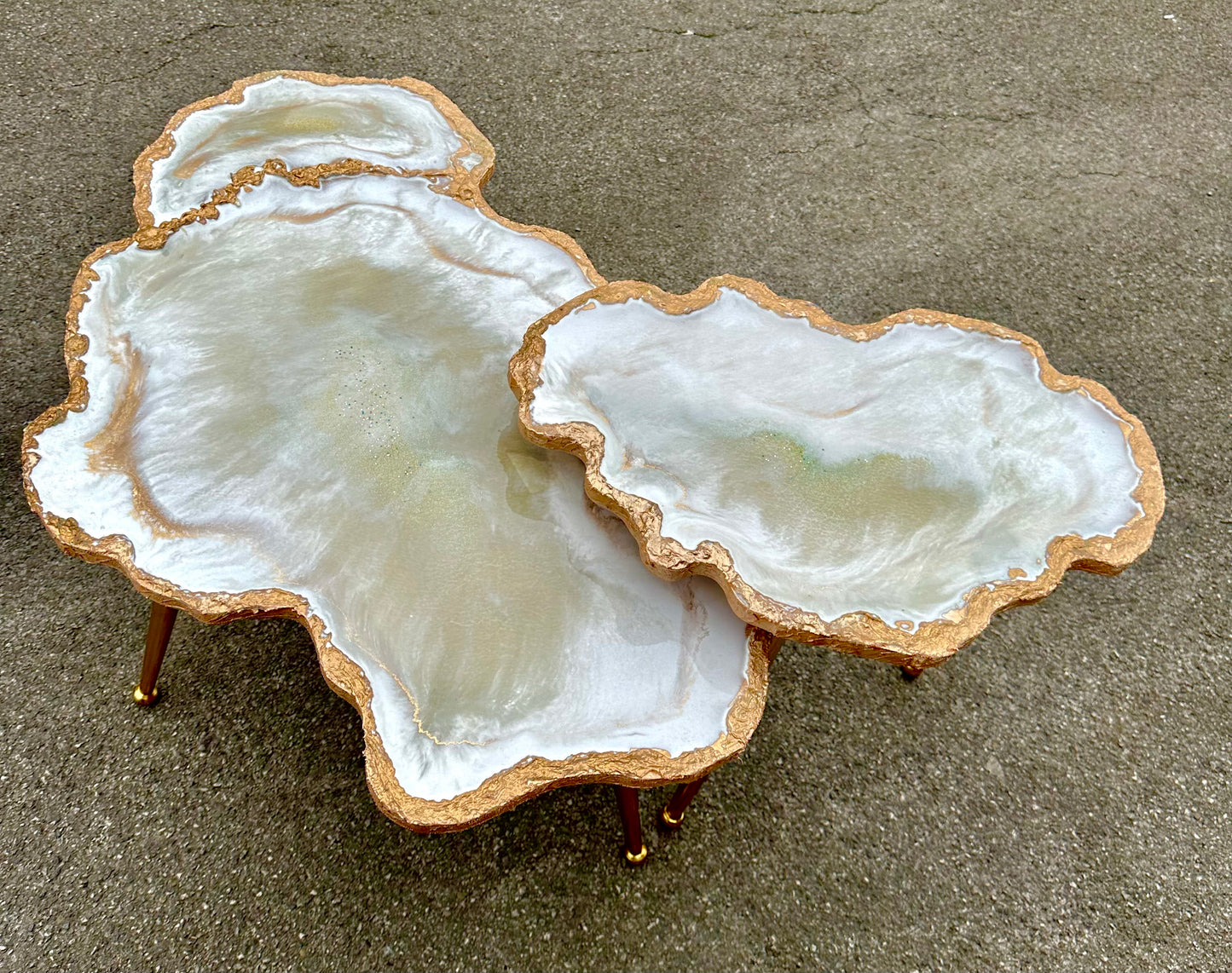 Big Nesting Geode Coffee table white shiny Beige Agate Epoxy Coffee table set