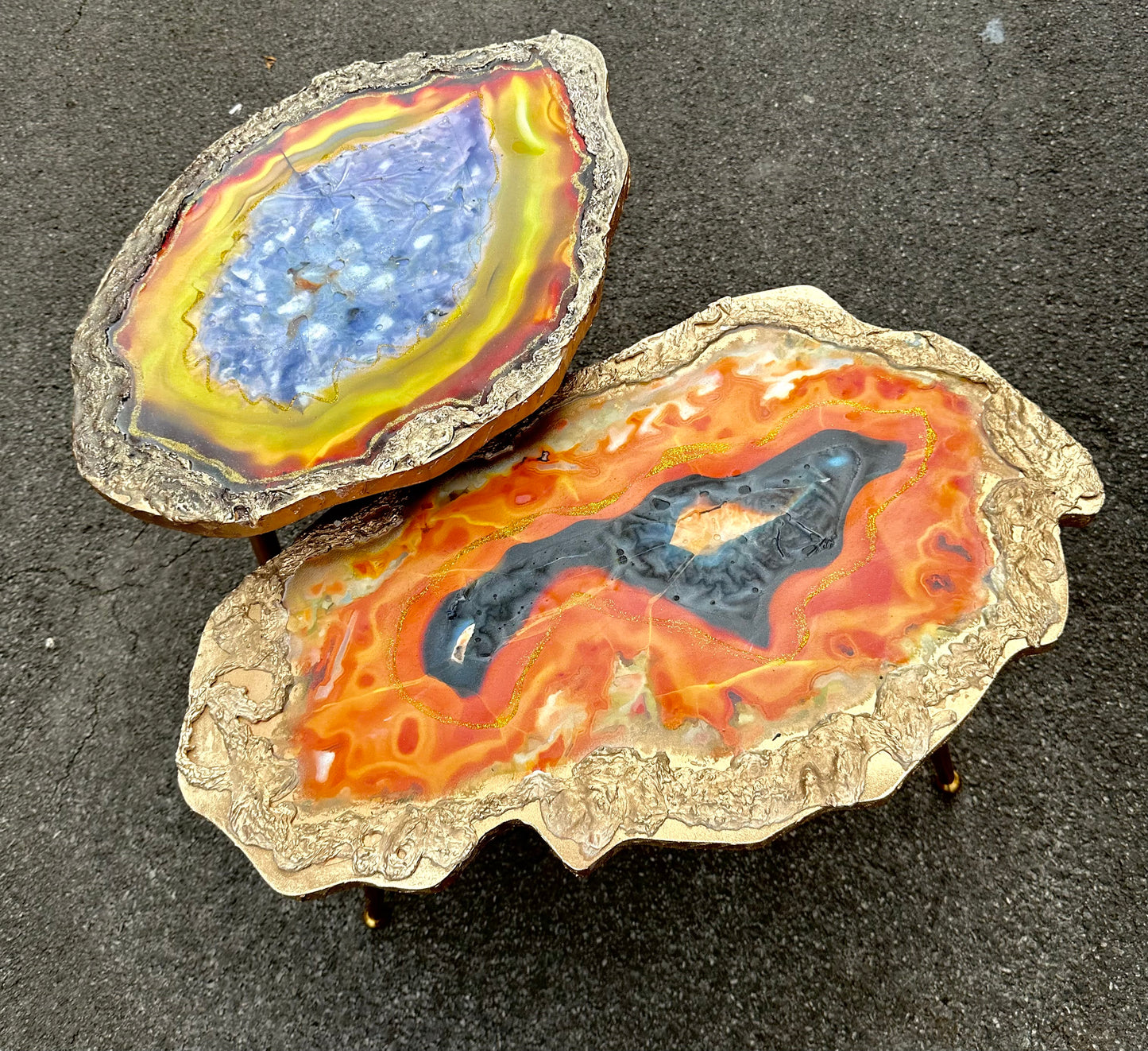 2X Geode tables Large Set of Orange Grey Epoxy Resin Art  Coffee/side Table set with gold metal legs