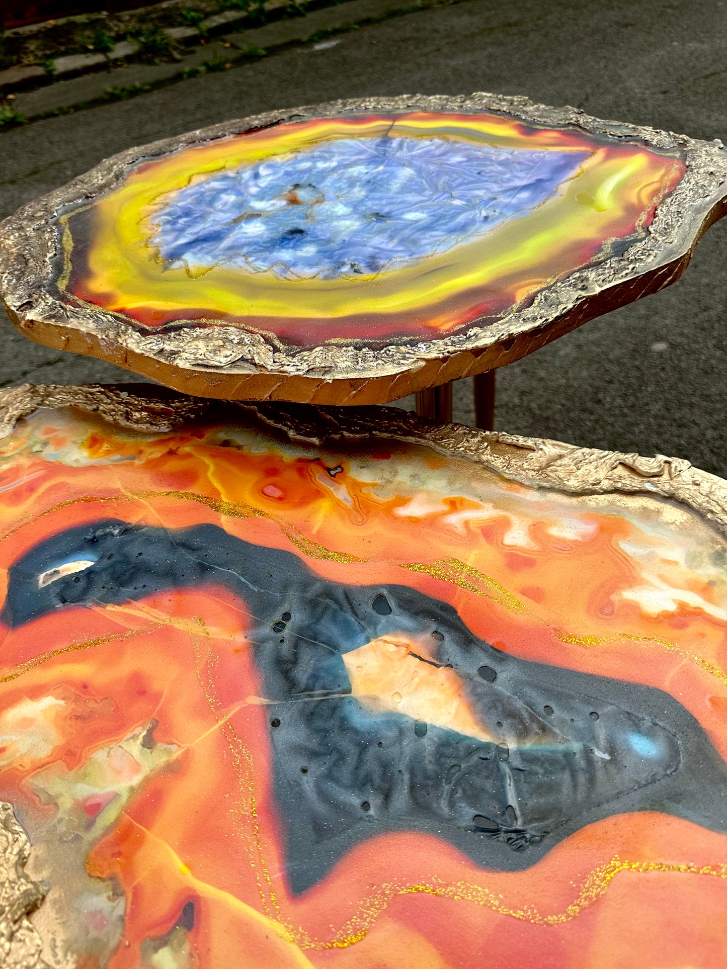 2X Geode tables Large Set of Orange Grey Epoxy Resin Art  Coffee/side Table set with gold metal legs