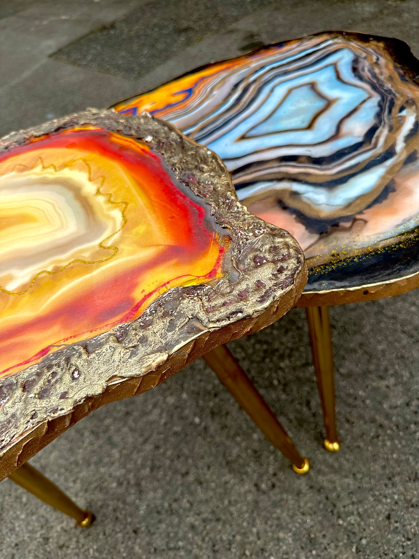 2X Geode tables Large Set of Orange Grey Epoxy Resin Art  Coffee/side Table set with gold metal legs