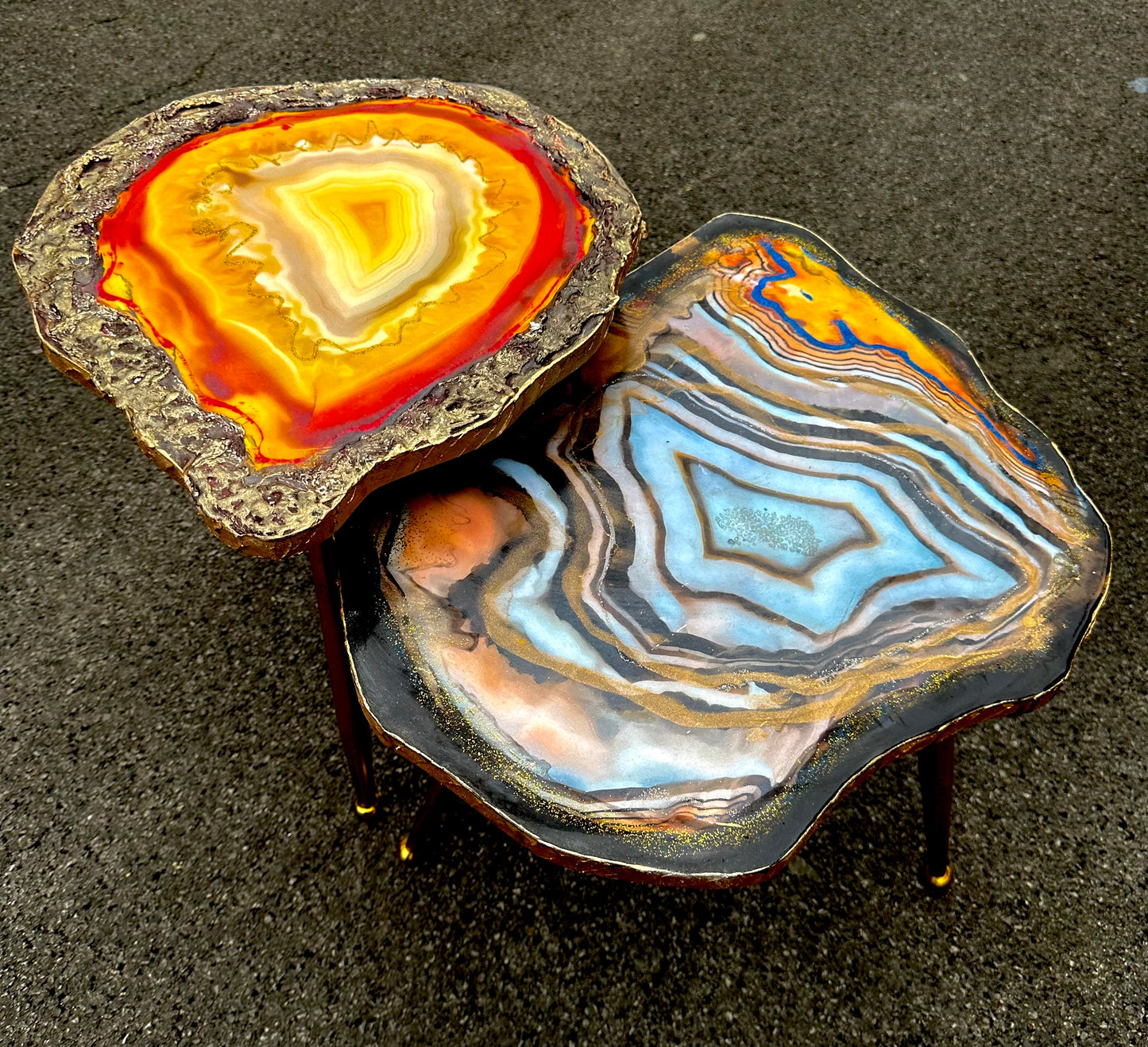 2X Geode tables Large Set of Orange Grey Epoxy Resin Art  Coffee/side Table set with gold metal legs