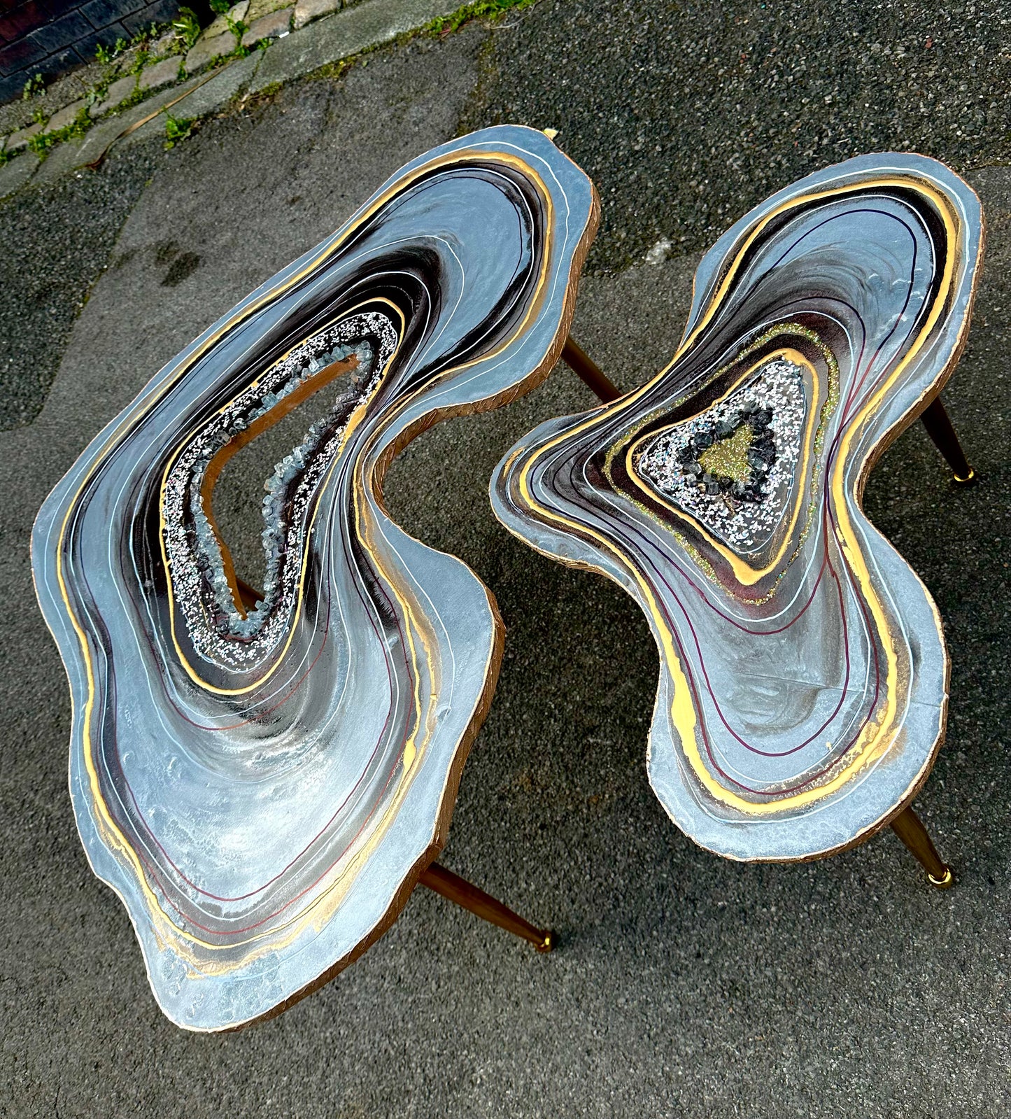 Big Geode Grey Coffee table Silver glitter shiny agate coffee table Nested coffee table set