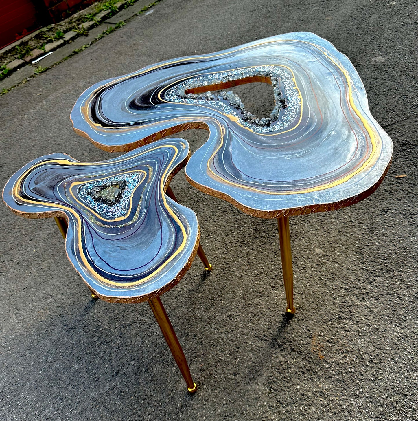 Big Geode Grey Coffee table Silver glitter shiny agate coffee table Nested coffee table set