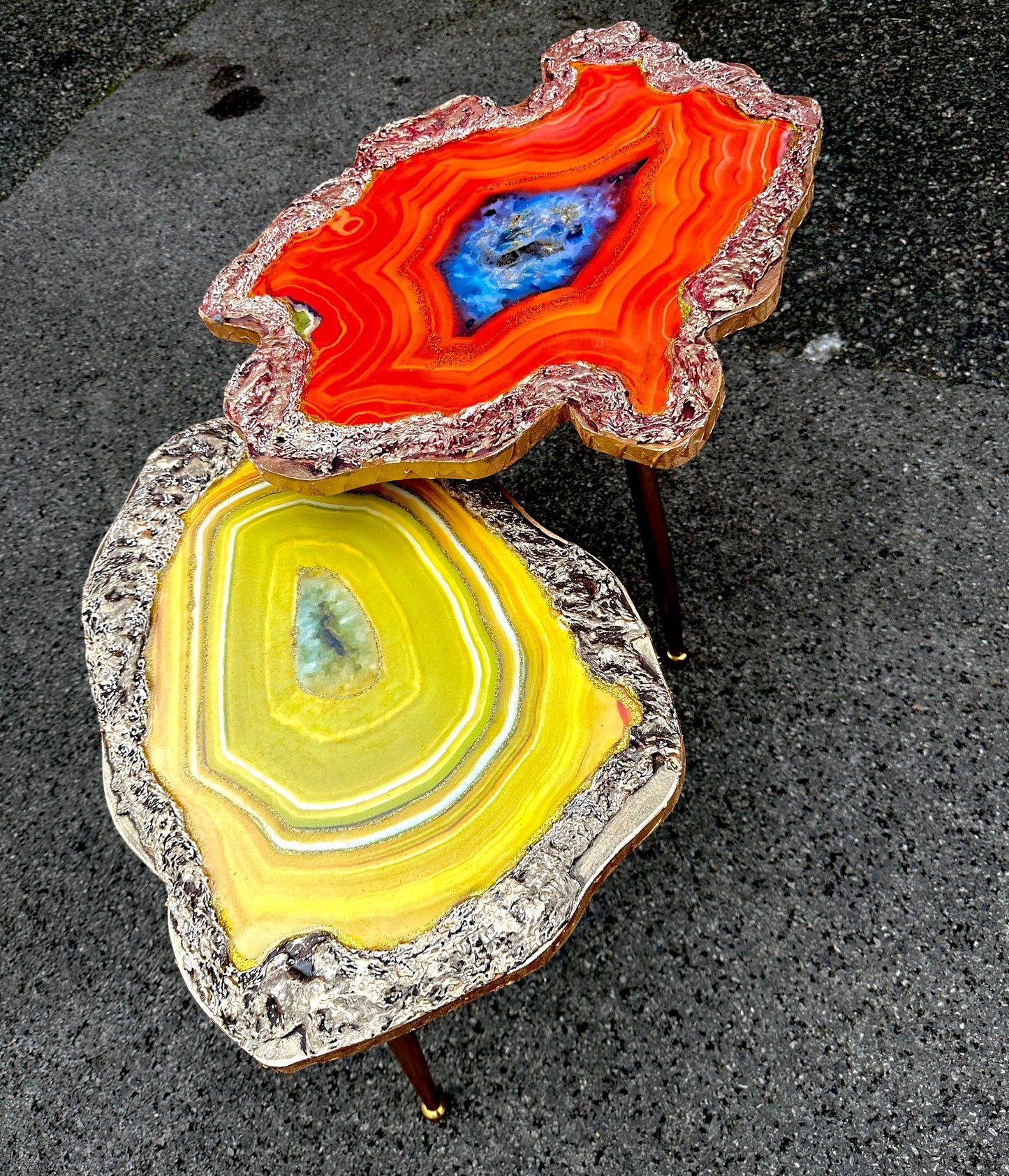 2x Nesting geode tables Yellow Orange geode Resin Art Painting Emerald agate Coffee/side Table