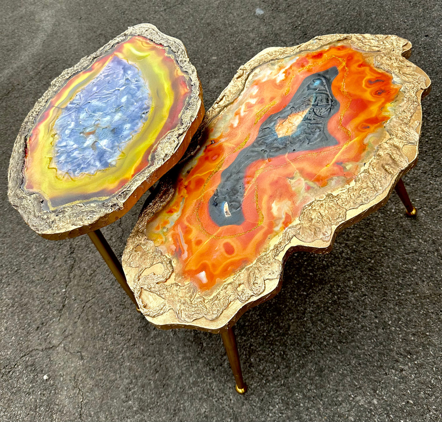 2X Geode tables Large Set of Orange Grey Epoxy Resin Art  Coffee/side Table set with gold metal legs