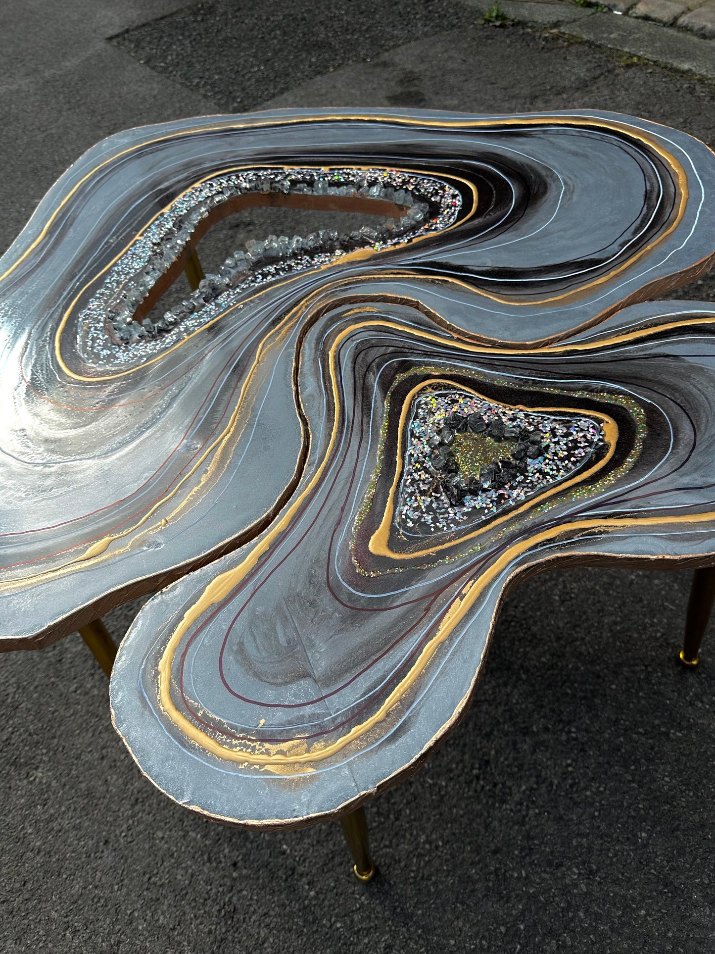 Big Geode Grey Coffee table Silver glitter shiny agate coffee table Nested coffee table set