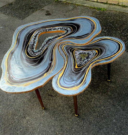 Big Geode Grey Coffee table Silver glitter shiny agate coffee table Nested coffee table set