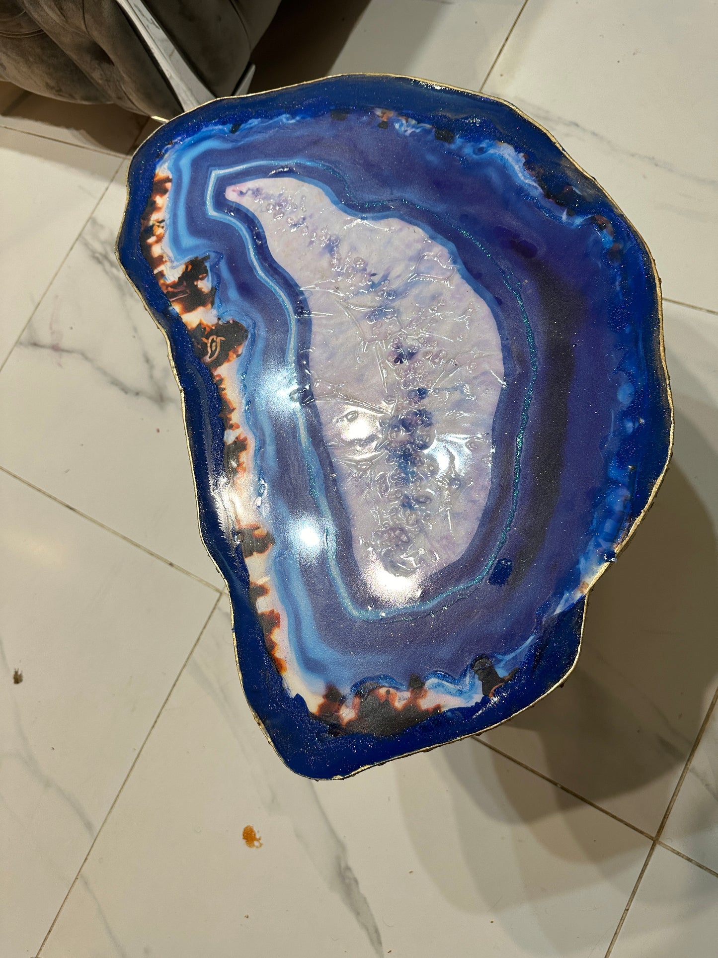 Handmade Large geode table Epoxy art blue agate coffee/side table with gold metal legs