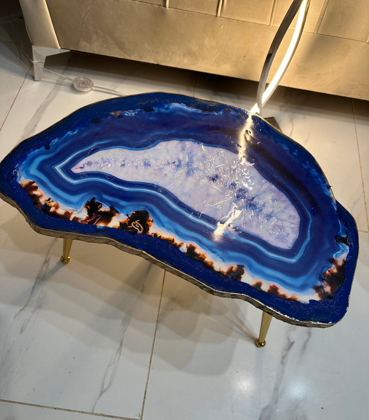 Handmade Large geode table Epoxy art blue agate coffee/side table with gold metal legs