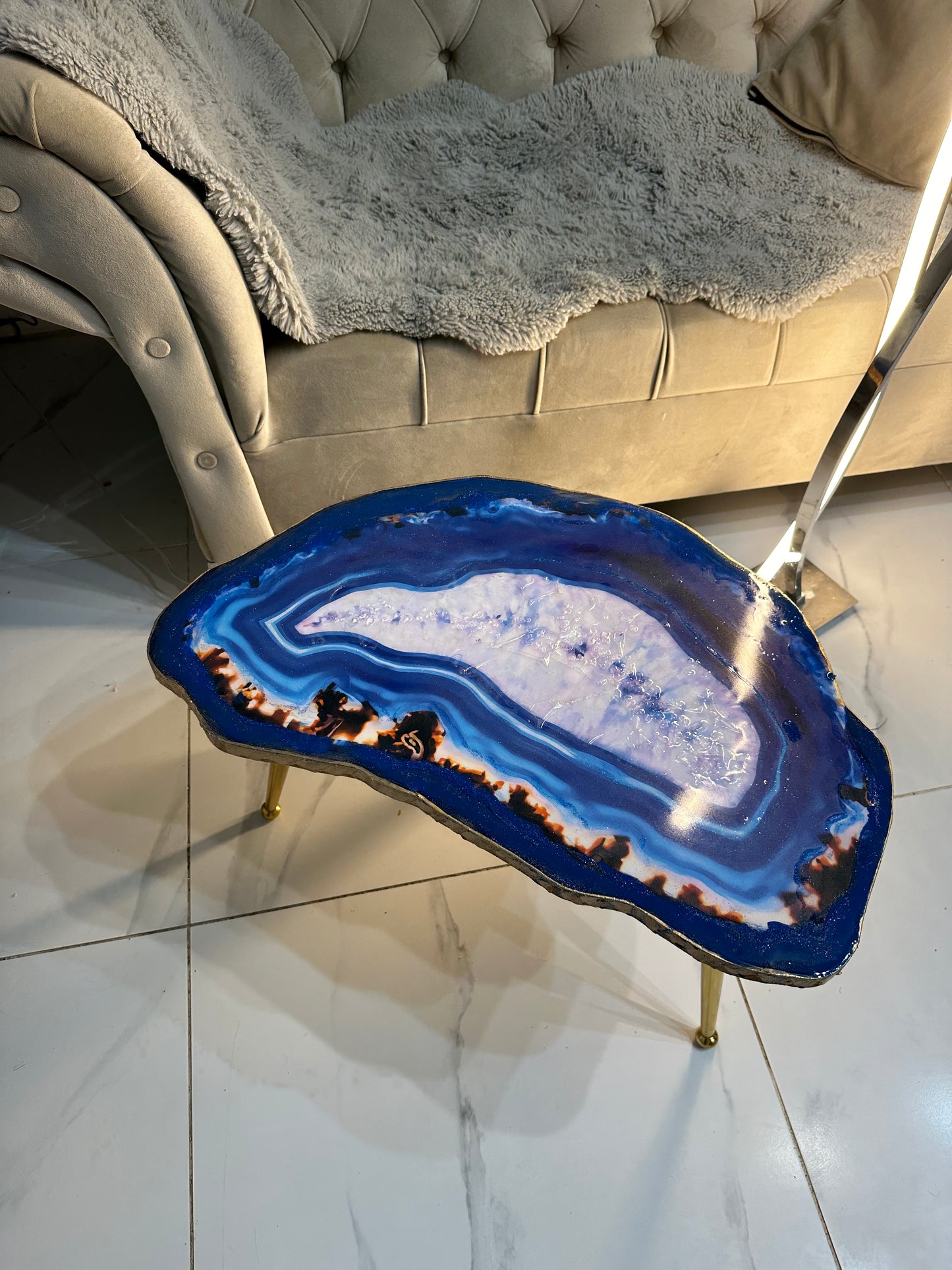 Handmade Large geode table Epoxy art blue agate coffee/side table with gold metal legs