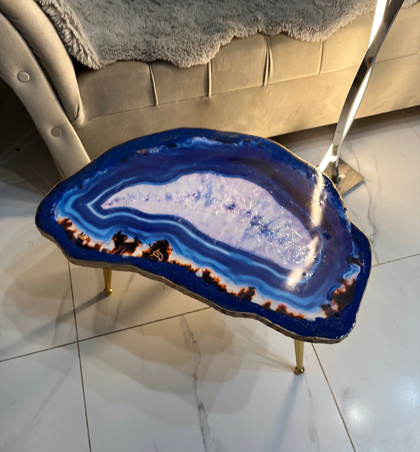 Handmade Large geode table Epoxy art blue agate coffee/side table with gold metal legs