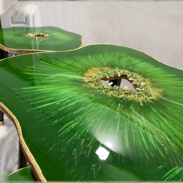 2 X Nesting Geode Green Gold blossom Resin Art Quartz agate Coffee/side Table with Gold metal legs