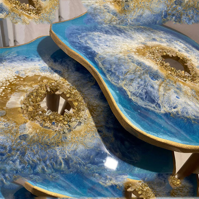 2 X Nesting Turquoise Gold Geode Coffee table SET with gold plated metal legs