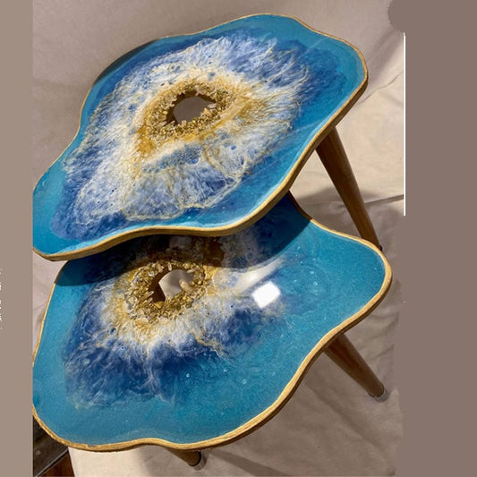 2 X Nesting Turquoise Gold Geode Coffee table SET with gold plated metal legs