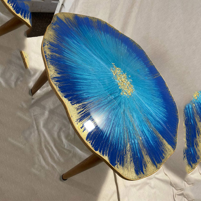 Large Handmade art Navy Blue Gold agate Resin Geode shaped coffee table 50 by 60cm with gold metal  legs