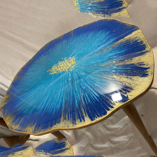 Large Handmade art Navy Blue Gold agate Resin Geode shaped coffee table 50 by 60cm with gold metal  legs