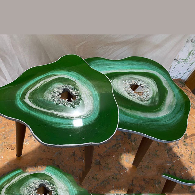 2x Nesting geode tables Natural Quartz geode Resin Art Painting Emerald agate Coffee/side Table