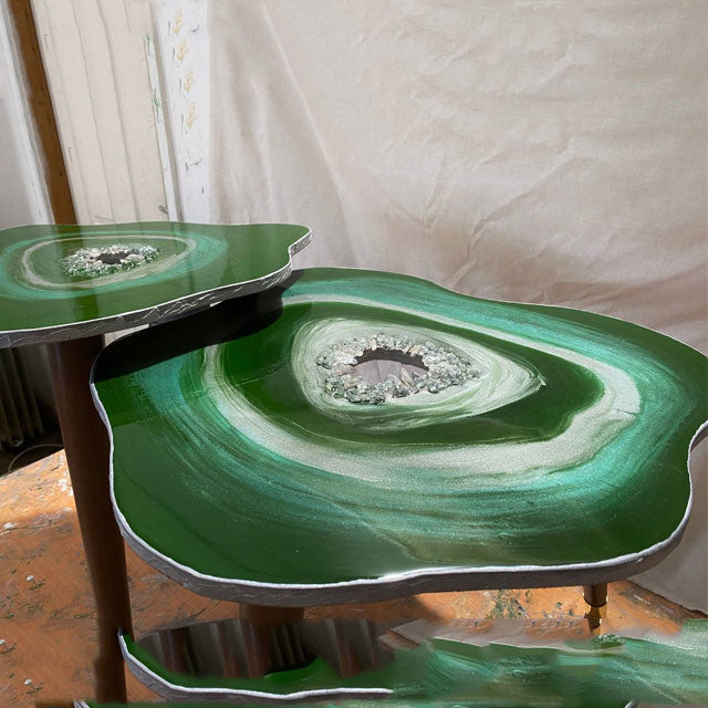 2x Nesting geode tables Natural Quartz geode Resin Art Painting Emerald agate Coffee/side Table