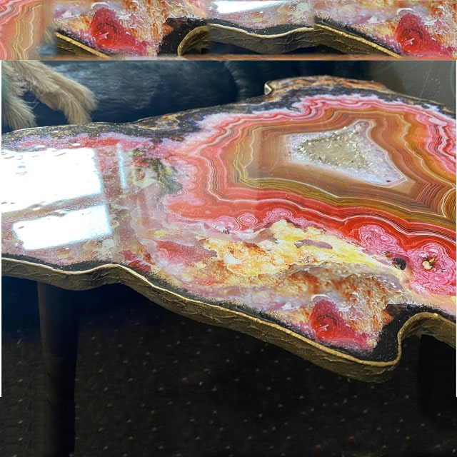 The large geode Pink Maroon agate slice Resin Coffee table Agate Coffee table with Gold metal legs