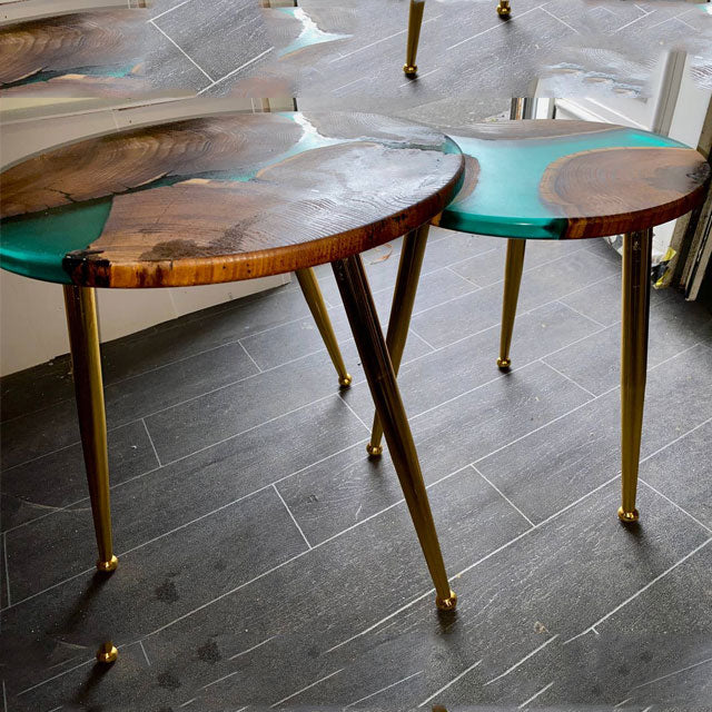 2  Nesting Epoxy Resin Teal Rustic Coffee table SET with the gold plated metal legs