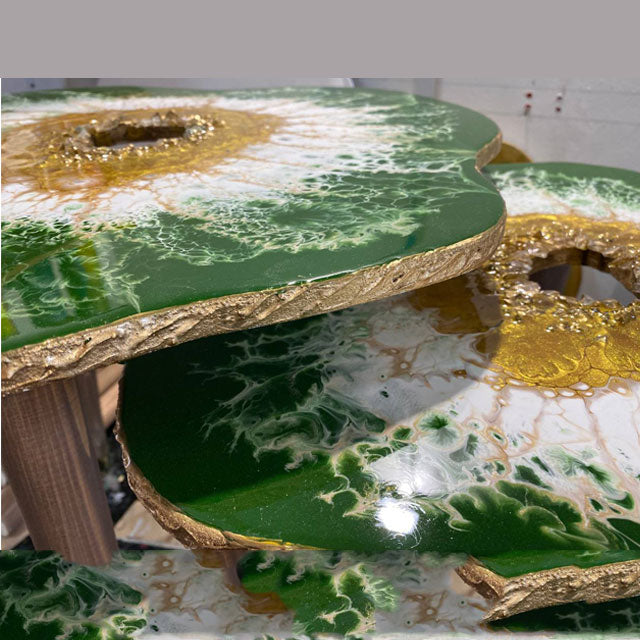 2 X Nesting Green Gold Geode Resin Arnatural Quartz agate Coffee/side Tables with gold metal legs