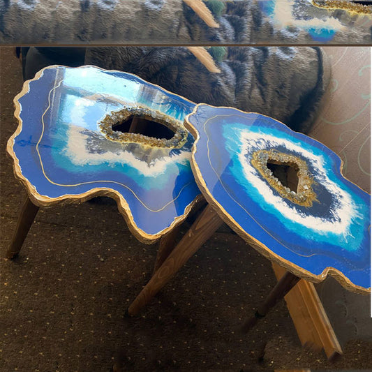 2 x Nesting Geode Blue Navy gold  tables Resin Art Agate stones Coffee/side Table set