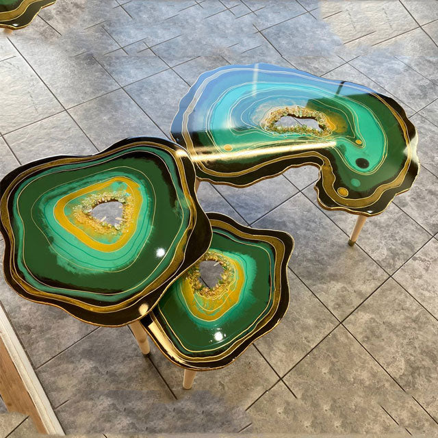 3 x Geode Resin Coffee tables Emerald Green gold  natural Quartz coffee table set with gold legs