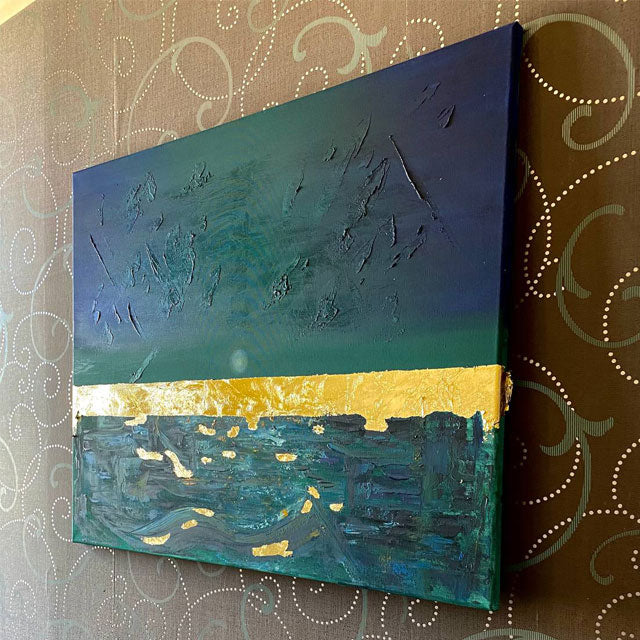 XLarge Handmade Original Textured Acrylic Teal Abstract Painting Gold leaf Artwork  on STRETCHED CANVAS 80*60 cm