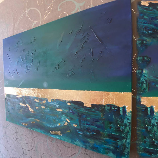 XLarge Handmade Original Textured Acrylic Teal Abstract Painting Gold leaf Artwork  on STRETCHED CANVAS 80*60 cm