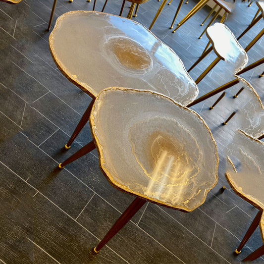 2 xNesting Shiny Beige Gold leaf board Geode tables with gold metal legs