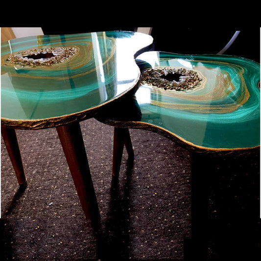 2x Nesting Geode Tables  TEAL GOLD Natural Quartz Resin Emerald agate Coffee/side Table with gold metal legs