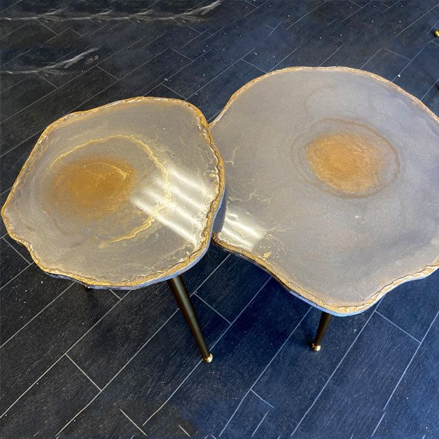 2 xNesting Shiny Beige Gold leaf board Geode tables with gold metal legs