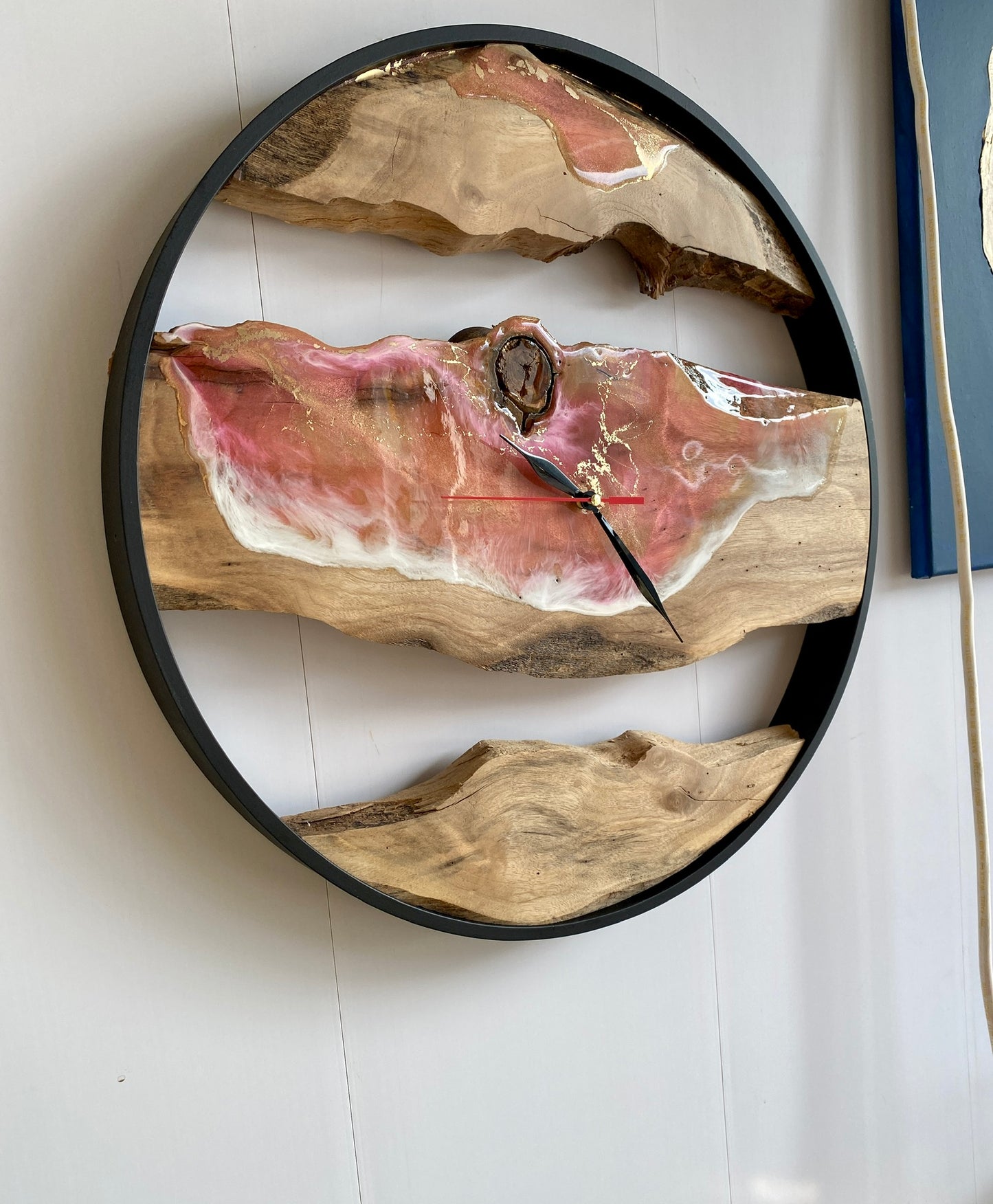 Large Handmade Rustic wall clock Resin Pink Gold Ring Clock