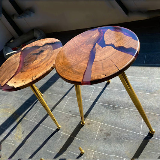 2 X Nesting Rustic Epoxy Resin Violet Coffee table SET with the gold plated metal legs