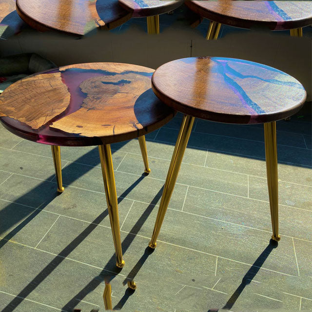 2 X Nesting Rustic Epoxy Resin Violet Coffee table SET with the gold plated metal legs