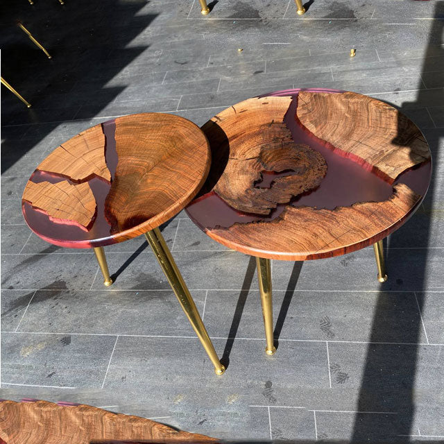 2 X Nesting Rustic Epoxy Resin Violet Coffee table SET with the gold plated metal legs