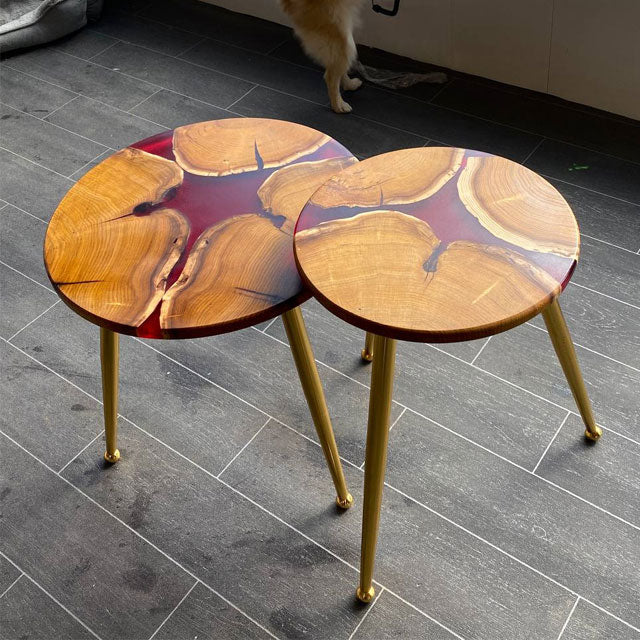 2 X Luxury High Quality Epoxy Resin Red Rustic Coffee table SET with the gold plated metal legs