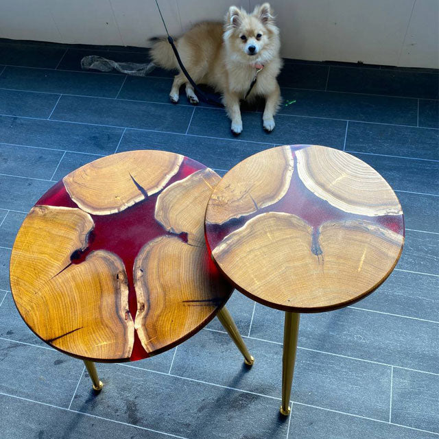 2 X Luxury High Quality Epoxy Resin Red Rustic Coffee table SET with the gold plated metal legs