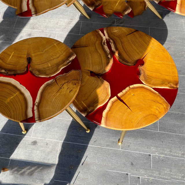 2 X Luxury High Quality Epoxy Resin Red Rustic Coffee table SET with the gold plated metal legs