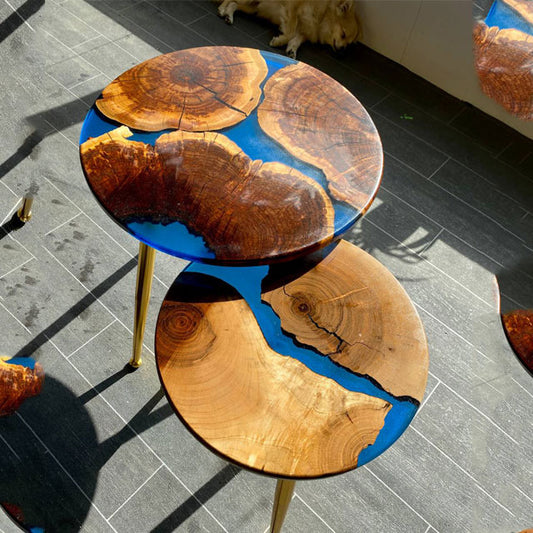 2 x Nesting High Quality Rustic Epoxy Resin blue Coffee table SET with the gold plated metal legs