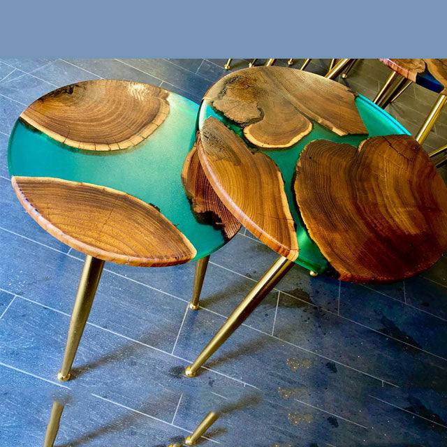 2  Nesting Epoxy Resin Teal Rustic Coffee table SET with the gold plated metal legs