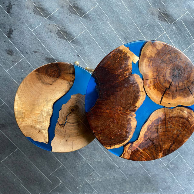 2 x Nesting High Quality Rustic Epoxy Resin blue Coffee table SET with the gold plated metal legs