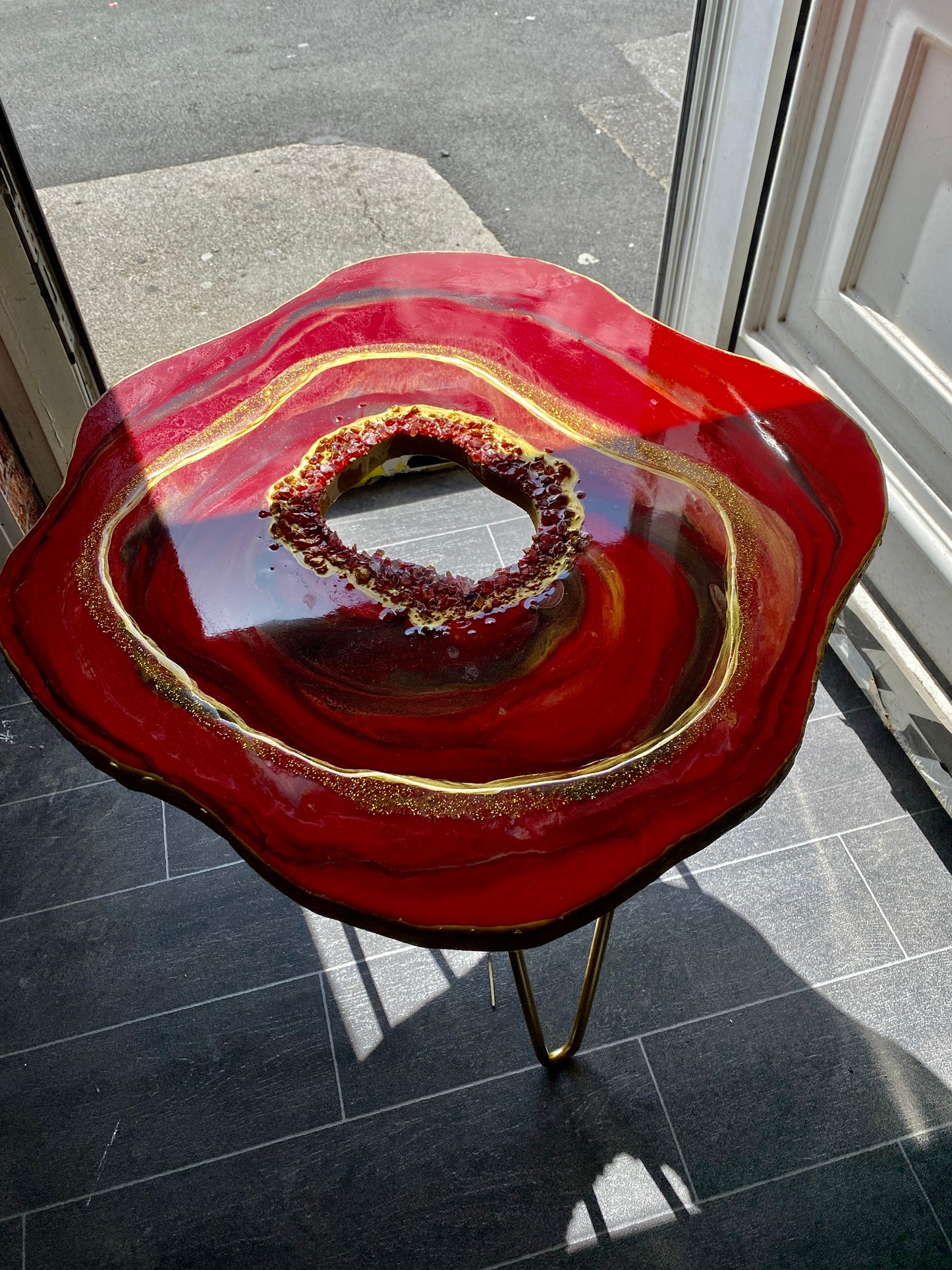 2 x Red Geode crystal Coffee table gold metal legs and Red geode Artwork