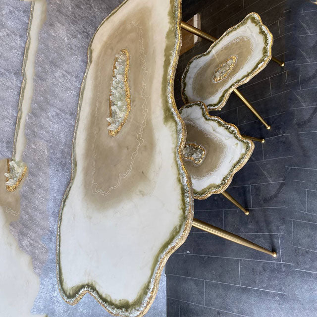 3 x Luxury Agate Quartzs crystals Large coffee table & Shiny Beige White Gold leaf Geode Nesting coffee table set with Gold plated metal legs